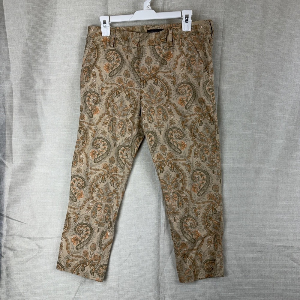 Tommy Hilfiger Pants Womens 12 Beige Paisley Twill Ankle Zip Pockets Stretch